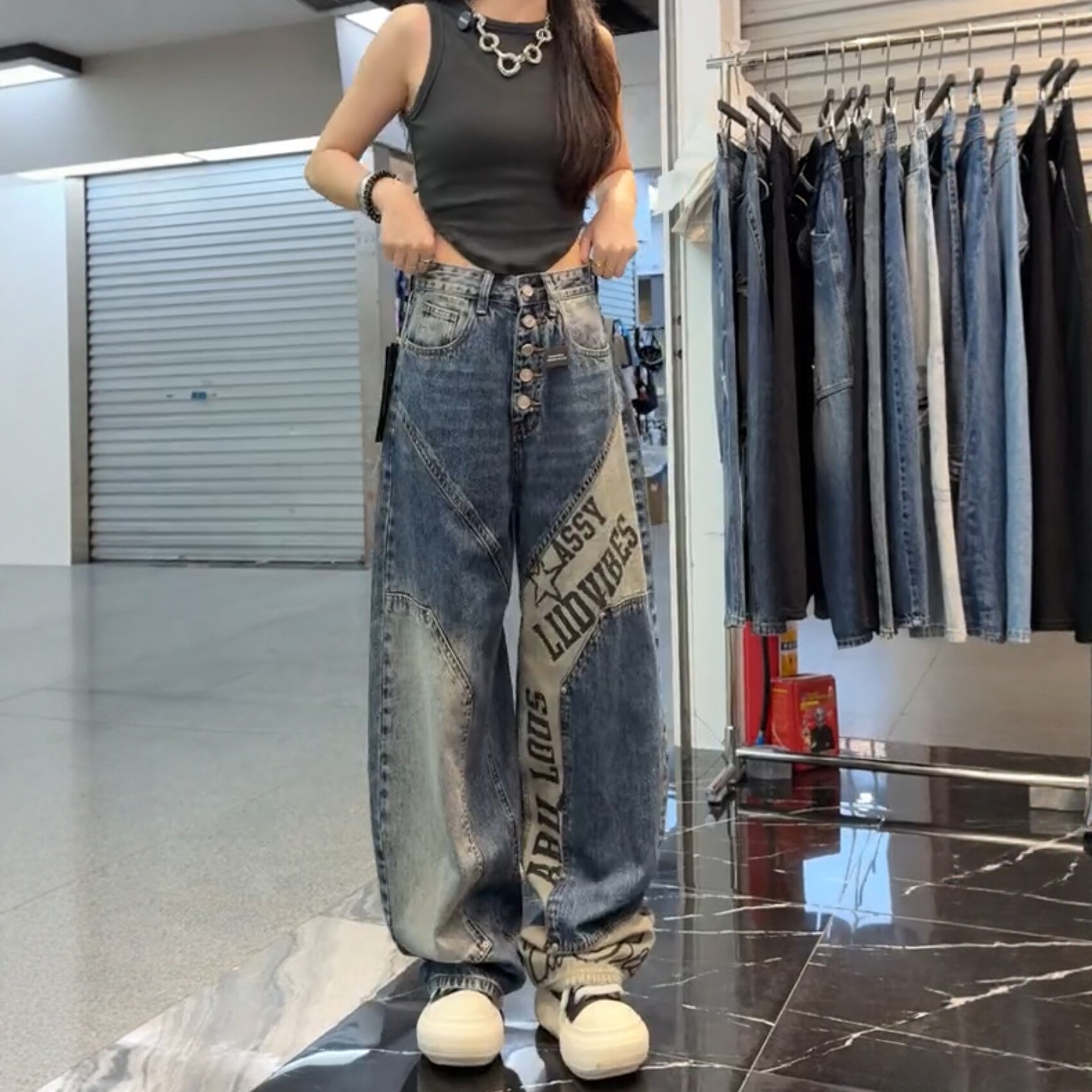 美式拼接弯刀阔腿显瘦女牛仔裤