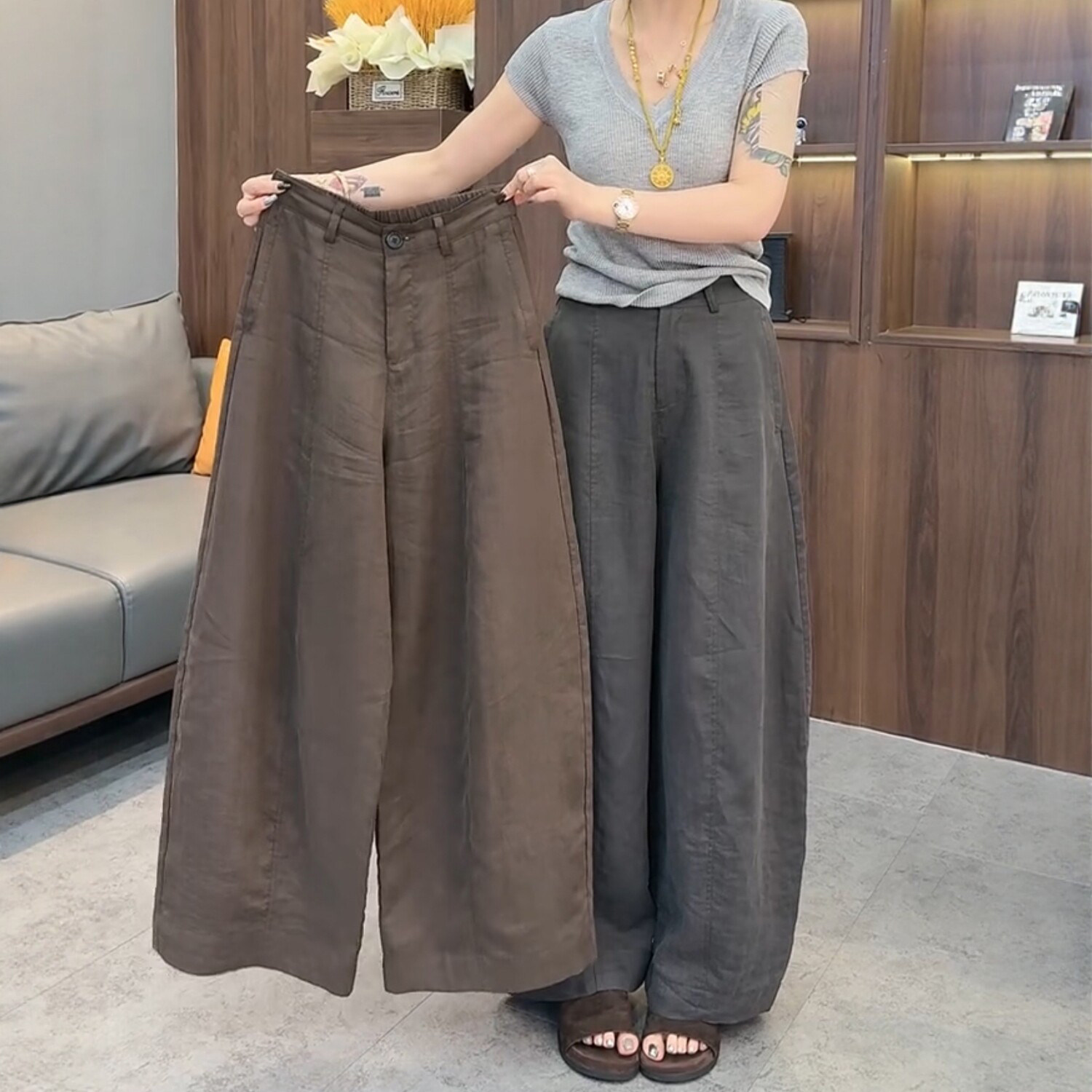 老钱风天丝亚麻阔腿裤女大码图片