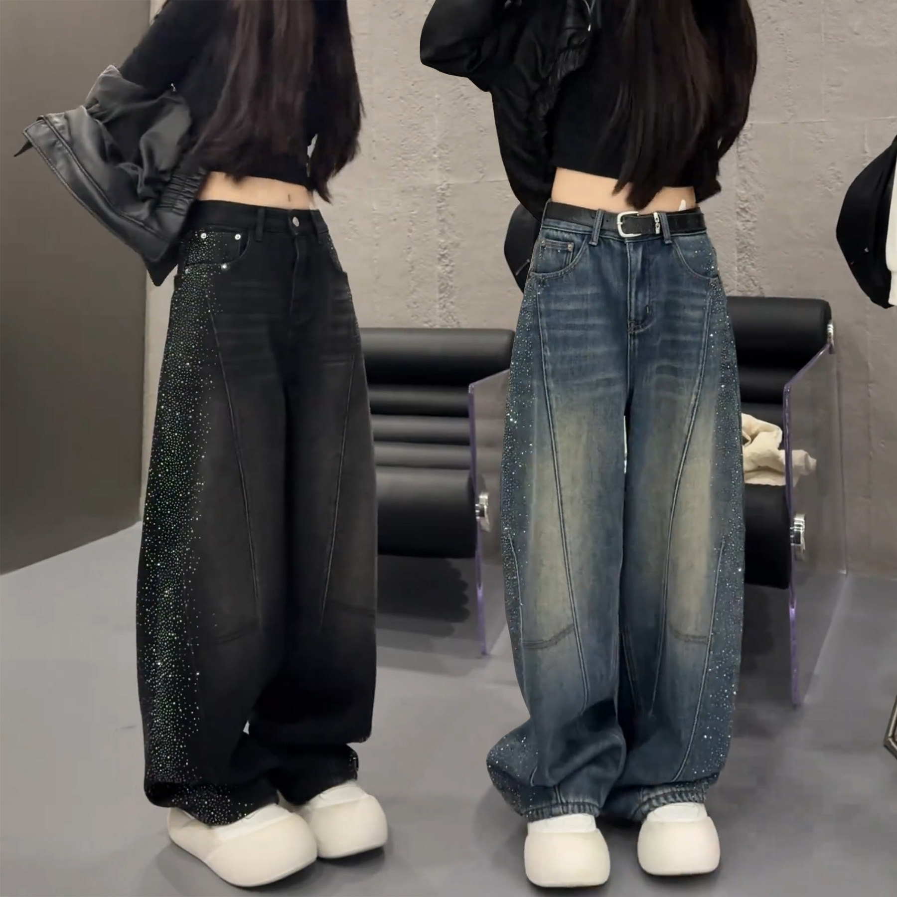 大码弯刀烫钻显瘦阔腿牛仔裤女图片
