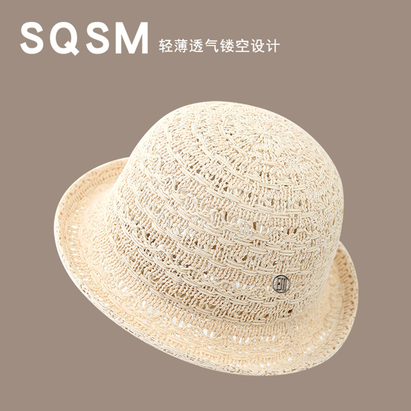 短檐卷边帽子女夏镂空透气遮阳盆帽镂空棉麻可折叠户外防晒渔夫帽
