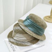 镂空天然草编帽子女夏度假海边巴拿马平沿法式 沙滩帽遮阳平顶草帽
