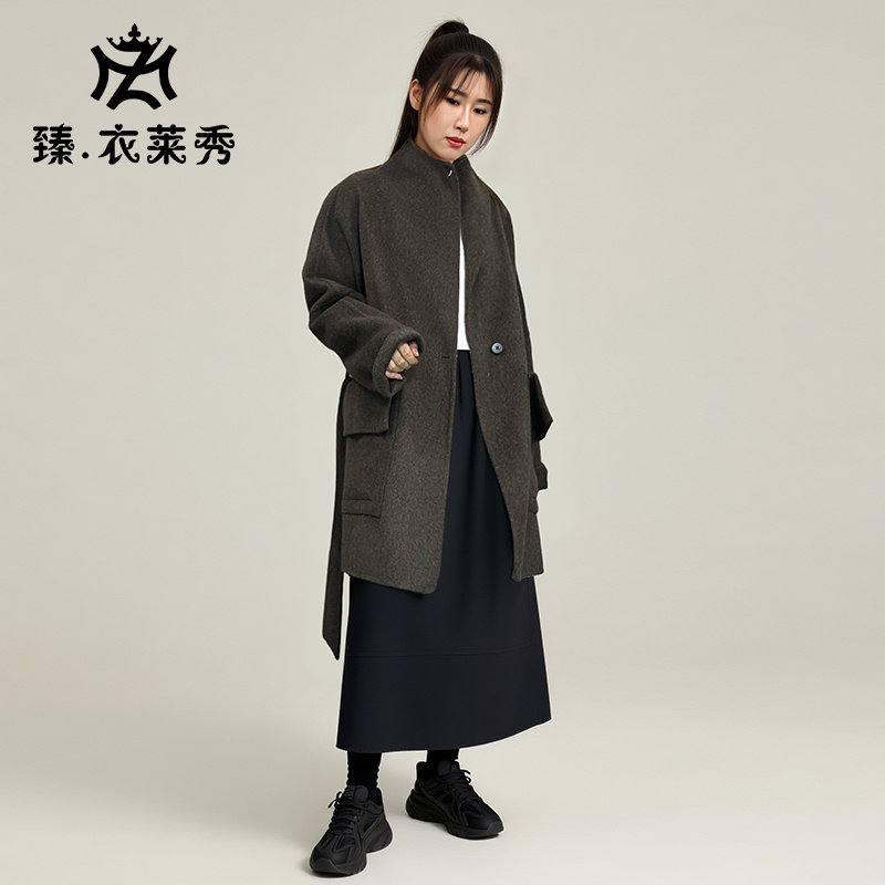 双面羊绒大衣中长款系带秋冬外套