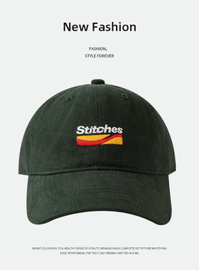 经典美式Stitches刺绣情侣鸭舌软顶潮牌滑板日系遮阳墨绿色棒球帽