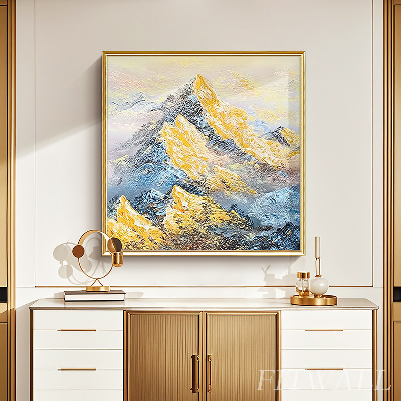 现货盛世金辉丨手绘油画客厅沙发背景墙金K山肌理画背有靠山玄关