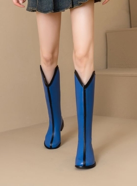 蓝色高筒靴40.41.42.43.44.45.46.47.48粗跟漆皮长靴子41-43女靴