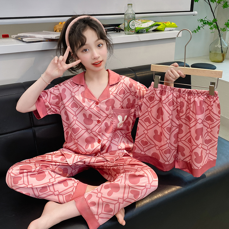 女童冰丝睡衣2025新款夏季薄款儿童中大童小女孩短袖家居服三件套
