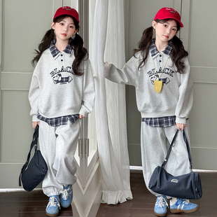女童春款中大童韩系穿搭格子拼接假两件翻领卫衣运动裤春秋季套装