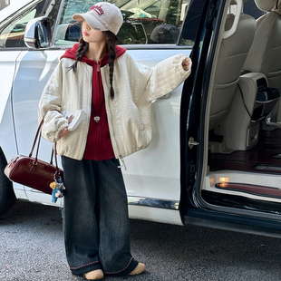 女童加绒外套秋冬装2025新款中大童冬季加厚棉服儿童一体绒牛仔裤