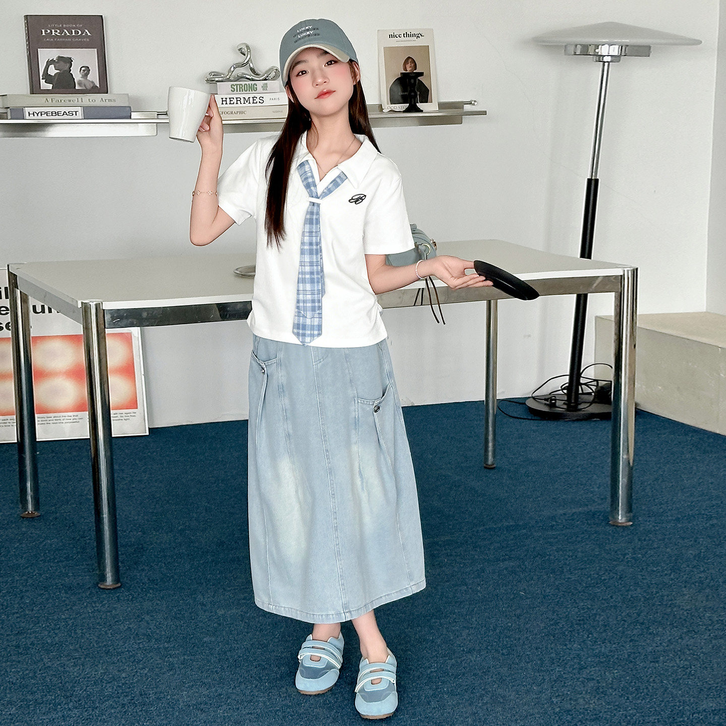 韩系女童夏季格子T恤牛仔裙套装