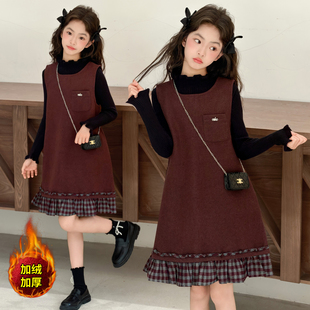 女童毛呢格子裙套装2026春季新款中大童红色加绒年服连衣裙两件套