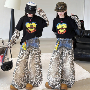 女童假两件卫衣2026春秋时尚新款中大童洋气美式上衣豹纹裤子套装