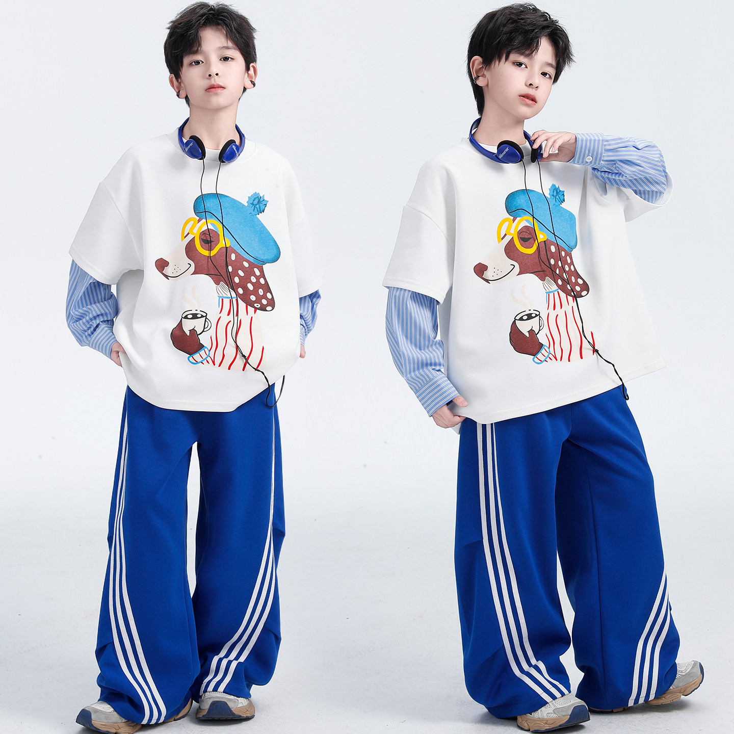 新款潮童卡通小狗假两件卫衣套装男童2026春秋休闲运动洋气两件套