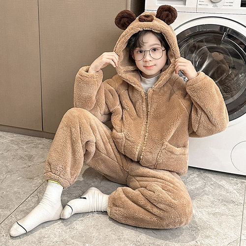 儿童睡衣冬季加绒加厚男童珊瑚绒男孩大童青少年保暖580克家居服