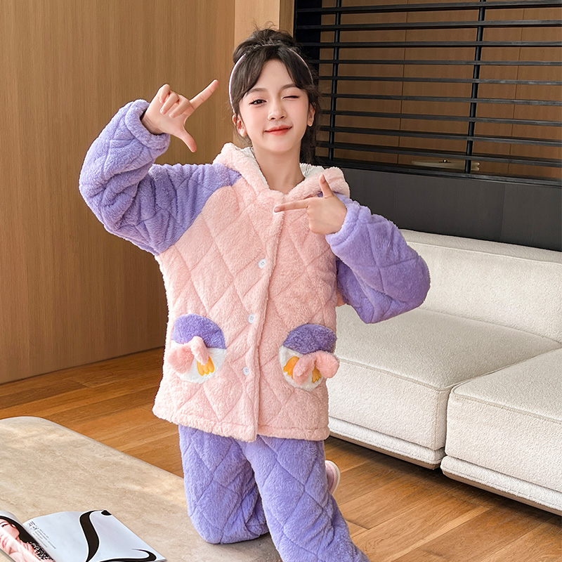 女童冬季三层夹棉睡衣家居服套装