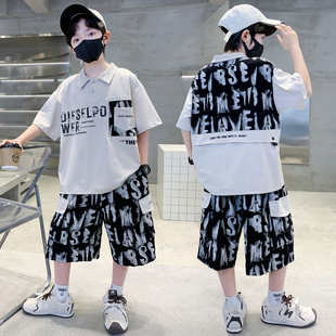 韩版男童2026夏季新款潮范十足夏季印花字母短袖T恤短裤出游套装