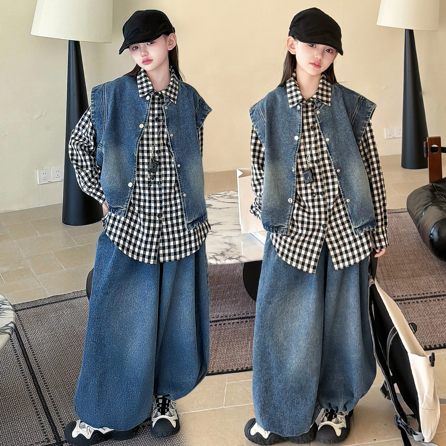 女童2026新款春秋季中大童格子衬衣牛仔马甲阔腿裤套装休闲三件套