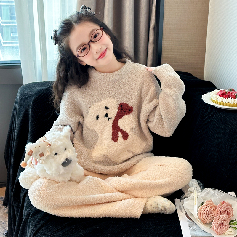 儿童半边绒睡衣秋冬加厚男女套装