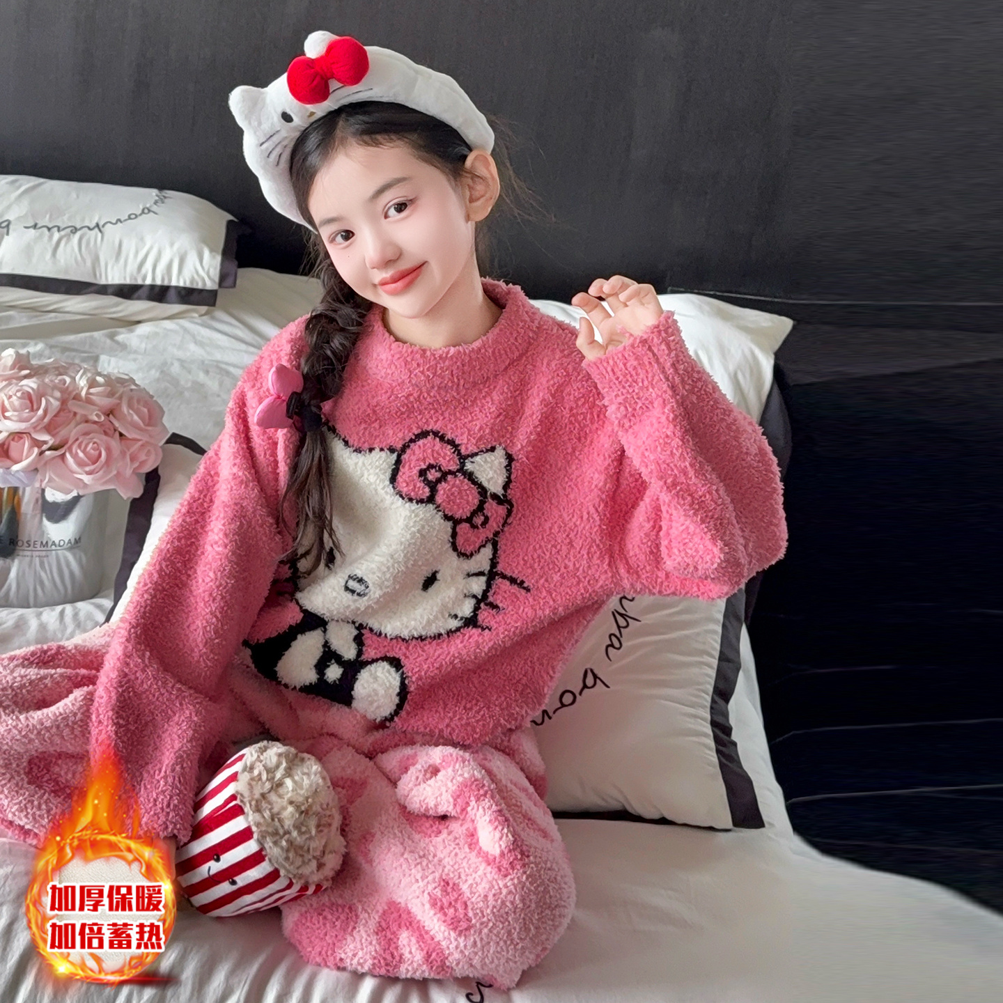 女童半边绒睡衣秋冬款加厚居家服