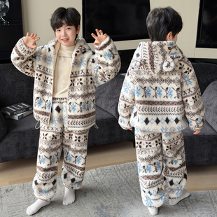 男童冬装加绒睡衣2026新款中大童冰川雪人复合连帽可外穿家居服