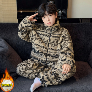 男童费尔岛开衫家居服2025新款时髦羊羔绒睡衣中大童加厚冬装套装