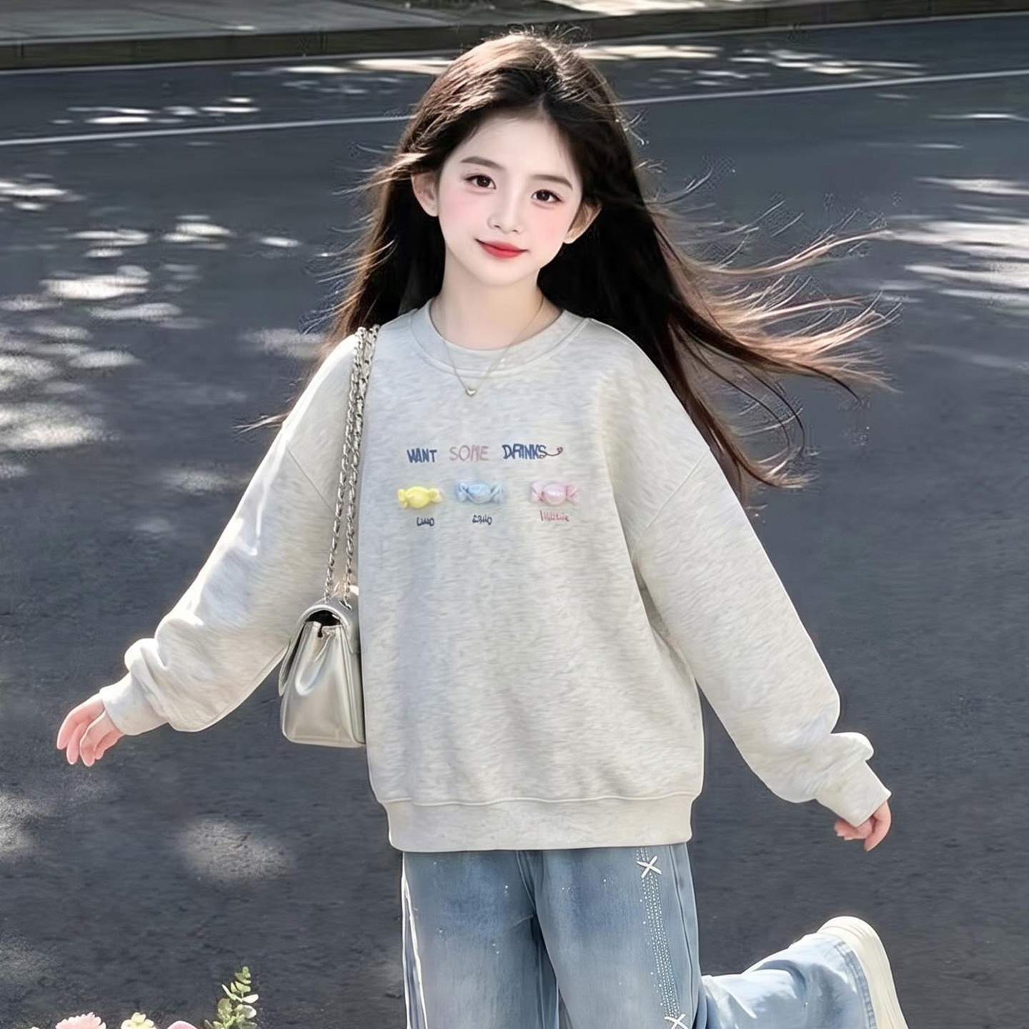 女童糖果色卫衣春秋新款韩版宽松落肩袖印花长袖甜美可爱风卫衣