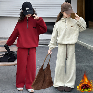 女童加绒卫衣运动服套装秋冬2025新款中大童洋气休闲红色年服套装