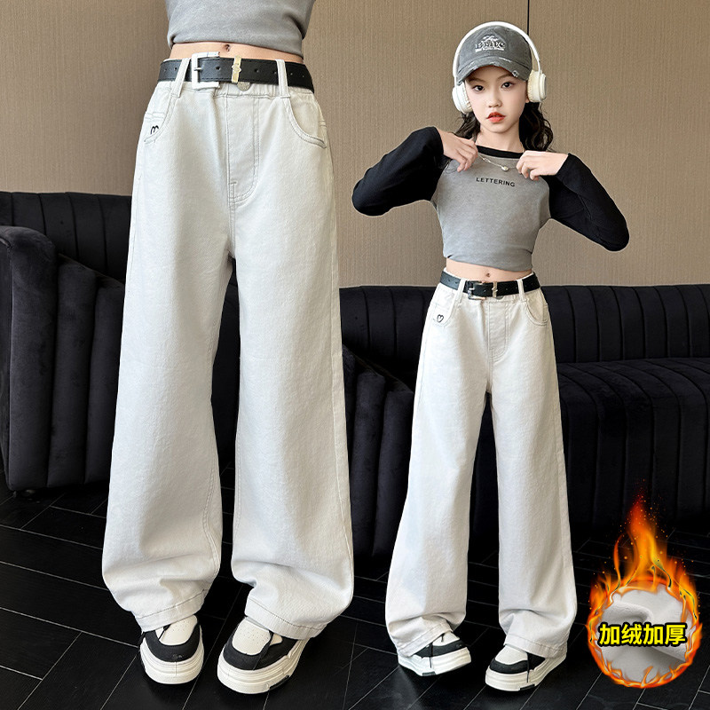 女童牛仔裤秋冬加绒白色洋气爱心休闲裤中大童外穿时尚百搭直筒裤,童装/婴儿装/亲子装,裤子,淘宝优惠券,粉丝福利购,淘宝优惠卷