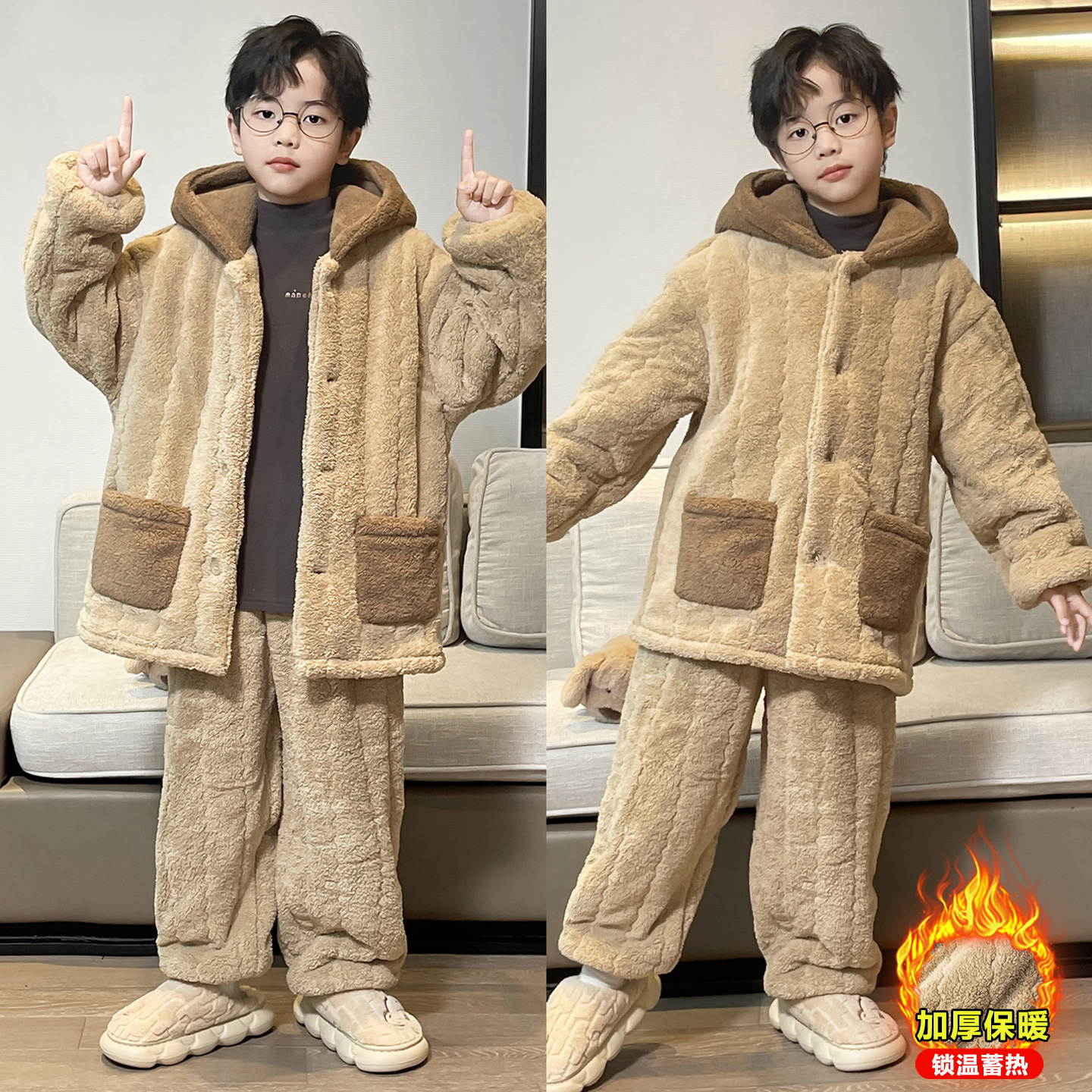 男童加绒睡衣秋冬新款保暖家居服