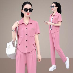 运动服套装女夏天时尚洋气短袖衬衣长裤穿搭一整套韩系休闲两件套