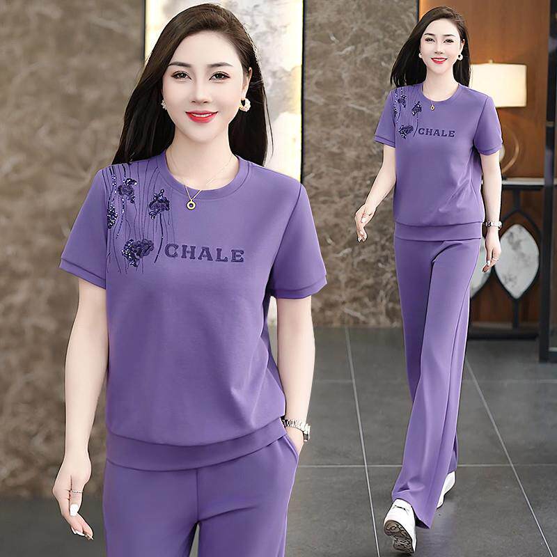 运动套装女夏季2026新款时尚刺绣跑步服休闲装慵懒圆领卫衣两件套