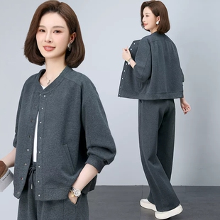 2026春秋时尚棒球服卫衣女士短外套中年妈妈休闲宽松穿搭两件套装