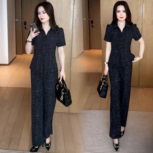 上衣阔腿裤 时尚 两件套潮 洋气显瘦减龄V领短袖 新款 套装 女2025夏季