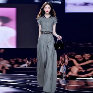 新款 女2025夏季 洋气套装 两件套潮 衬衫 高腰阔腿裤 气质显瘦短袖 时尚