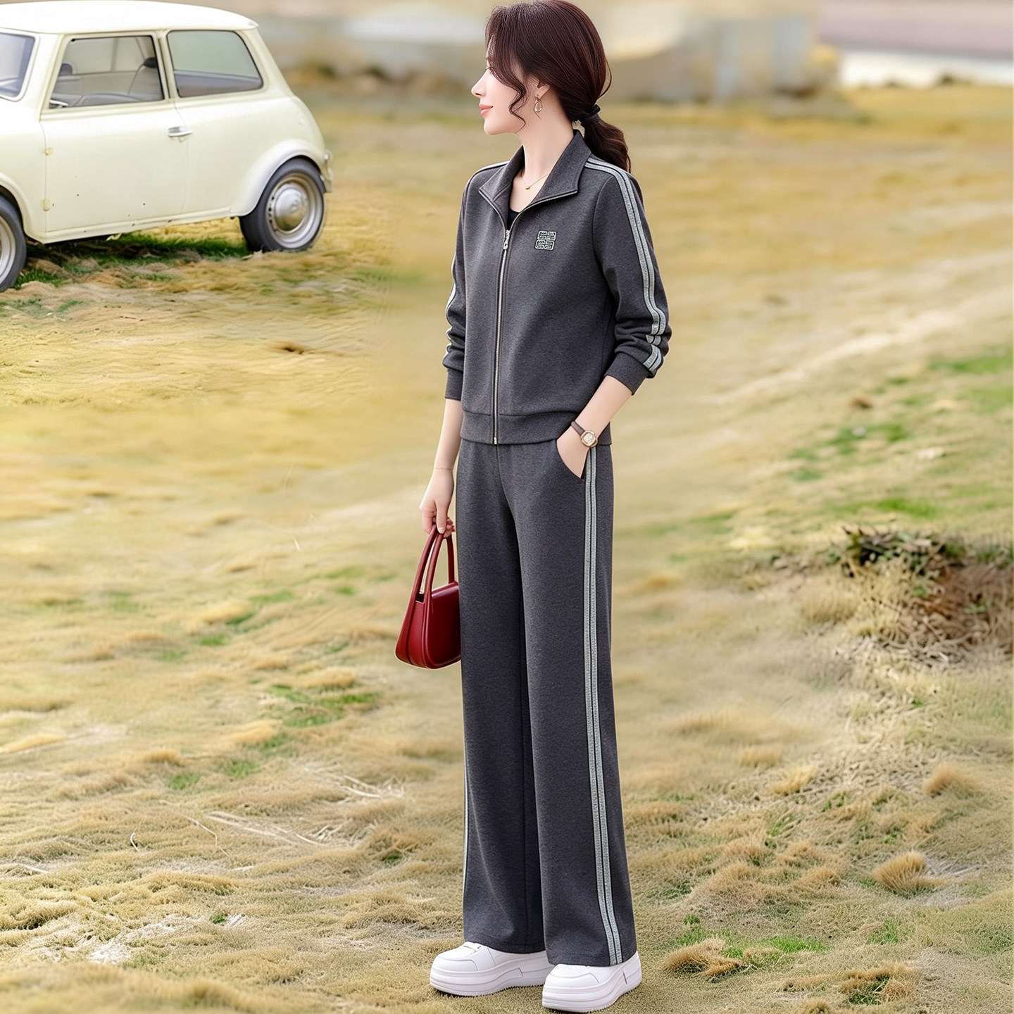漂亮2026春秋新款套装女款休闲运动立领拉链条纹两件套显瘦时尚装