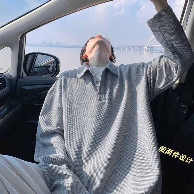 慵懒流行日系潮流简约原宿百搭气质文艺假两件POLOw229p42,男装Polo衫,星座204-3