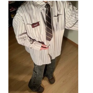 网图日系复古长袖条纹衬衫男女休闲痞帅长袖翻领打底衬衣cs52 p32，男装T恤，星座204-3