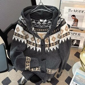 高品复古费尔岛提花连帽开衫牛角扣外套针织上衣原宿毛衣my72 p60图片