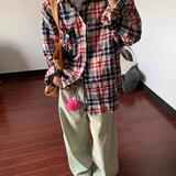 网图美式复古拼色格子长袖衬衫男女潮牌破洞休闲宽松cs3030p40，男装衬衫，星座204-3