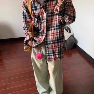 网图美式复古拼色格子长袖衬衫男女潮牌破洞休闲宽松cs3030 p40图片