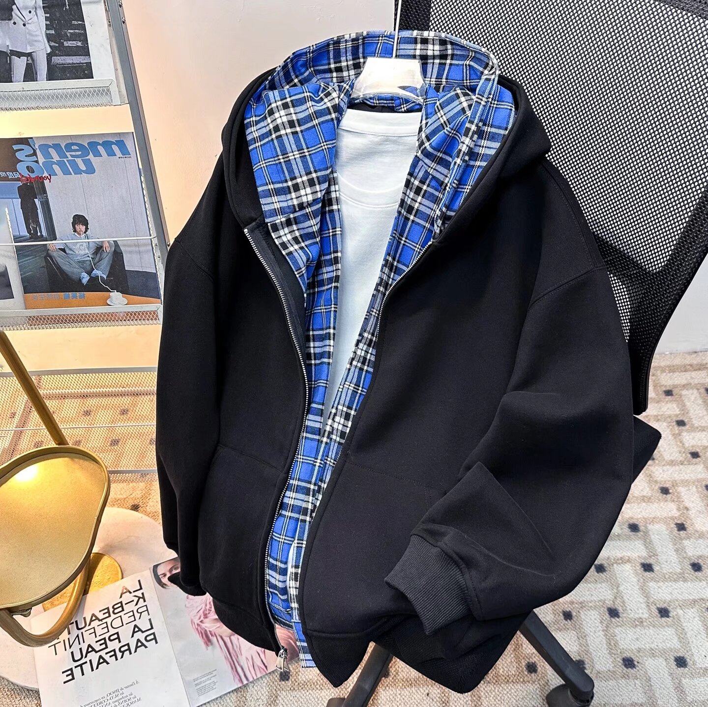 美式复古格子假两件连帽卫衣男春季潮牌宽松休闲外套wy889p65，女装短外套，星座204-3