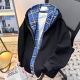 美式复古格子假两件连帽卫衣男春季潮牌宽松休闲外套wy889p65，女装短外套，星座204-3