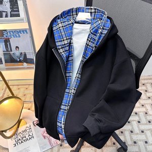 美式复古格子假两件连帽卫衣男春季潮牌宽松休闲外套wy889 p65，女装短外套，星座204-3