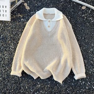 美式复古翻领针织衫男春季撞色保暖毛衣潮my85 p52图片