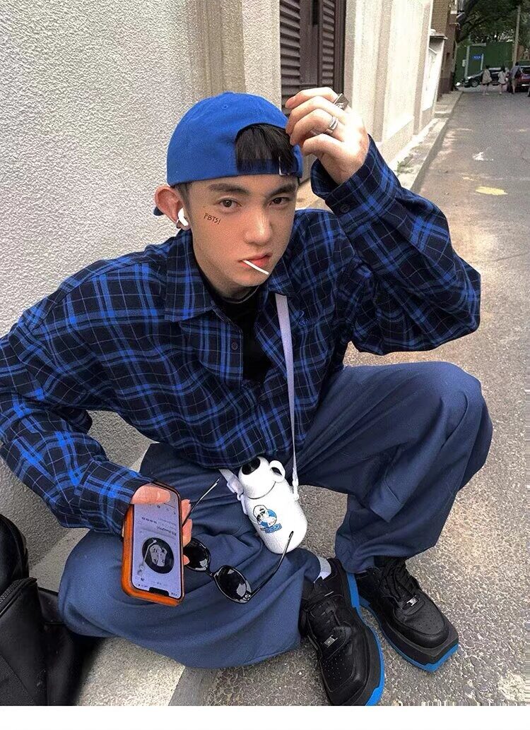 网图美式复古格子长袖衬衫男春季潮牌宽松休闲衬衣外套cs380p35,男装衬衫,星座204-3