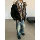 网图冬季黑色复古拼接豹纹鹿皮绒毛领连帽棉服外套m5036p105，男装棉衣，星座204-3