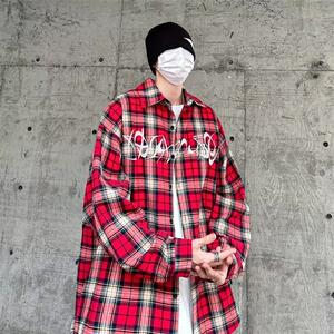美式高街刺绣红色格子休闲衬衫男长袖潮牌百搭衬衣CS031 P40图片