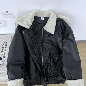 美式复古夹棉加厚皮衣外套男女痞帅情侣羊羔毛拼接皮棉服m217 p80图片