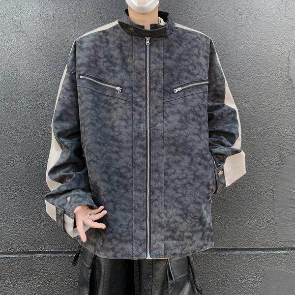 美式扎染拼接pu皮衣外套男冬季潮牌宽松休闲机车夹克pu8553p75,男装夹克,星座204-3