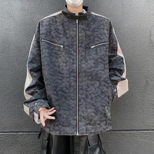 美式扎染拼接pu皮衣外套男冬季潮牌宽松休闲机车夹克pu8553 p75图片