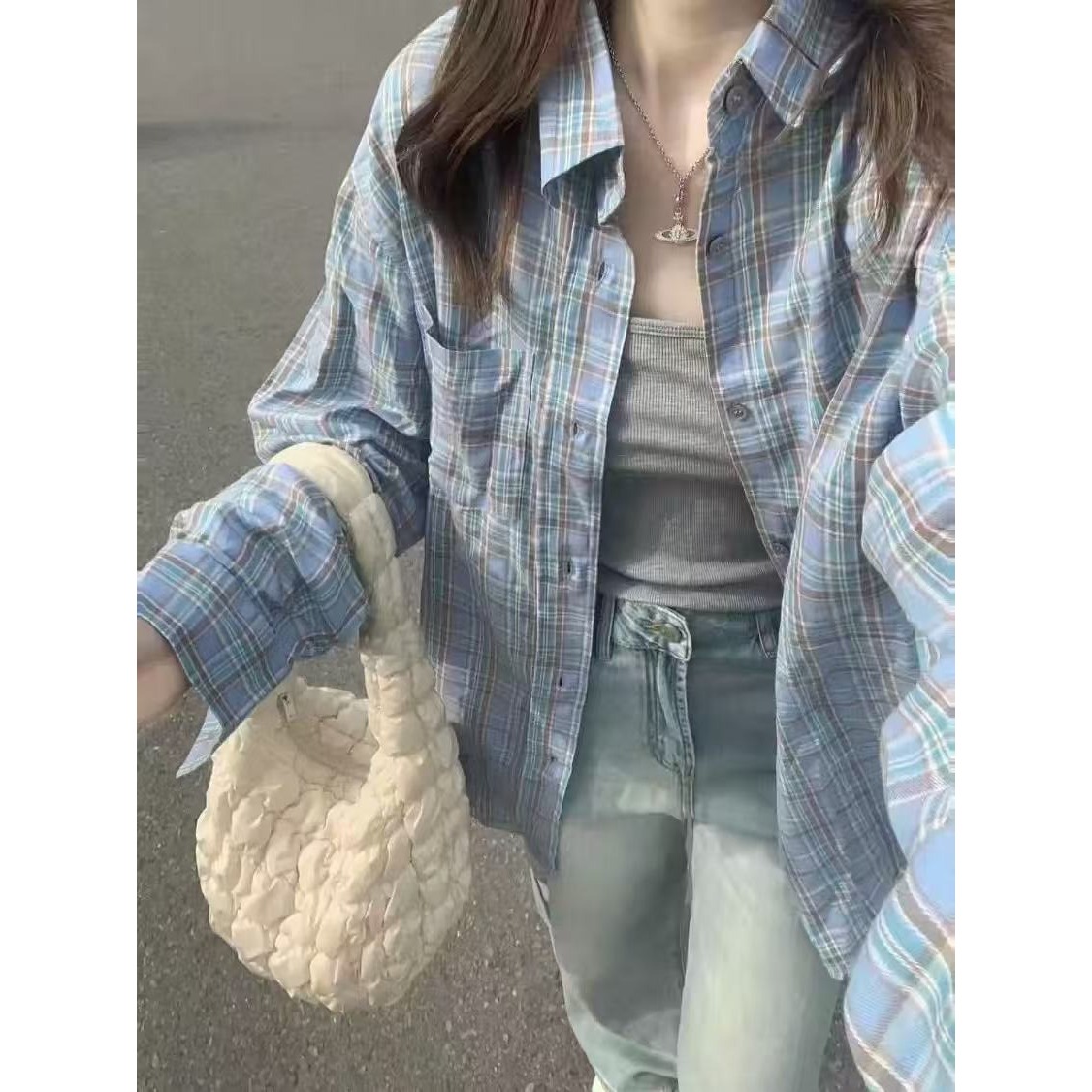 网图美式复古格子衬衫女秋季宽松休闲百搭防晒衬衣cs3081p38，男装防晒衣，星座204-3